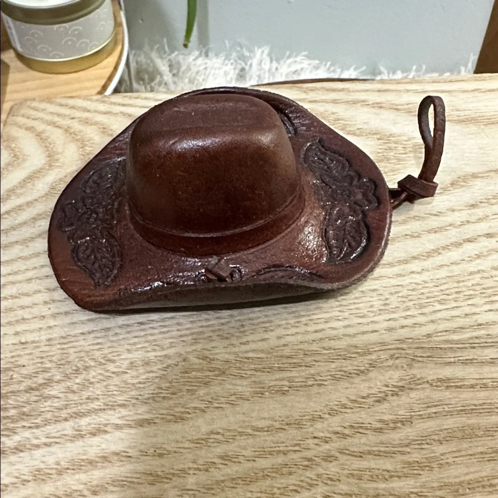 Western Brown‎ Tooled Leather Cowboy Hat & Saddle Christmas Ornaments Set Of 2